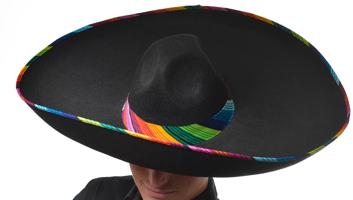 Large Black and Rainbow Mexican Sombrero Costume Hat - Close Up  Image