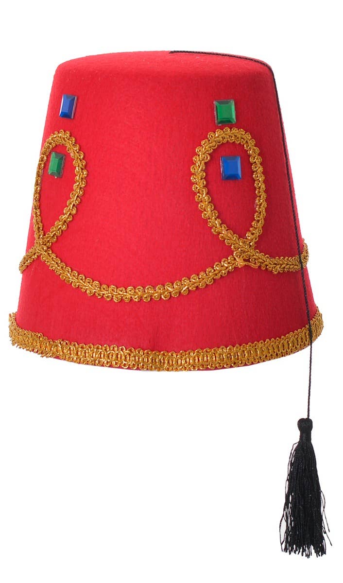 Men's Red Fez Arabian Costume Hat With Gold Braided Trim And Coloured Jewels Costume Accessory - Main Image