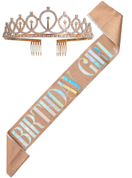 Rose Gold Glitter Birthday Girl Sash and Rose Gold Diamante Tiara Set