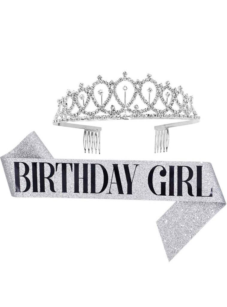 Silver Glitter Birthday Girl Sash and Silver Diamante Tiara Set Alt Image