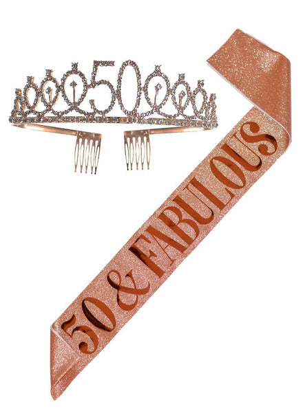 Rose Gold Glitter 50 and Fabulous Sash and Rose Gold Diamante Tiara Set