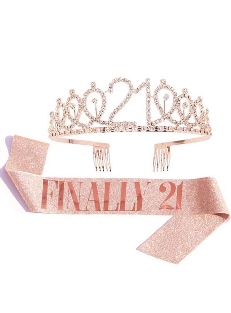 Rose Gold Glitter Finally 21 Sash and Rose Gold Diamante Tiara Set