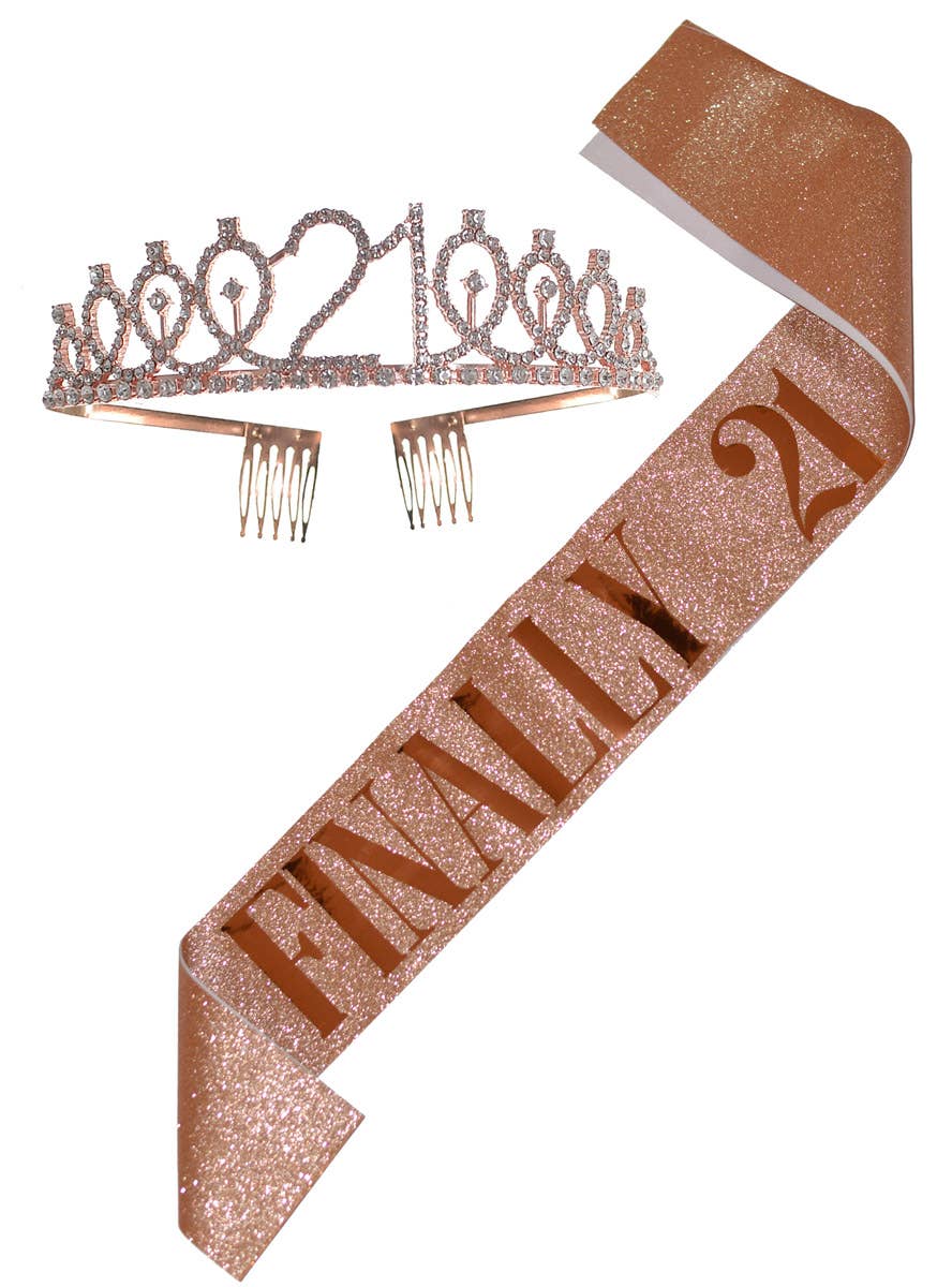 Rose Gold Glitter Finally 21 Sash and Rose Gold Diamante Tiara Set