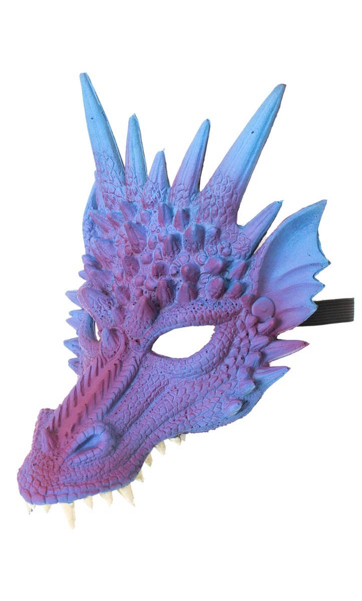 Kid's Blue And Red Rubber Foam Dragon Half Face Mask With Spikes Halloween Costume Accessory Side View Image