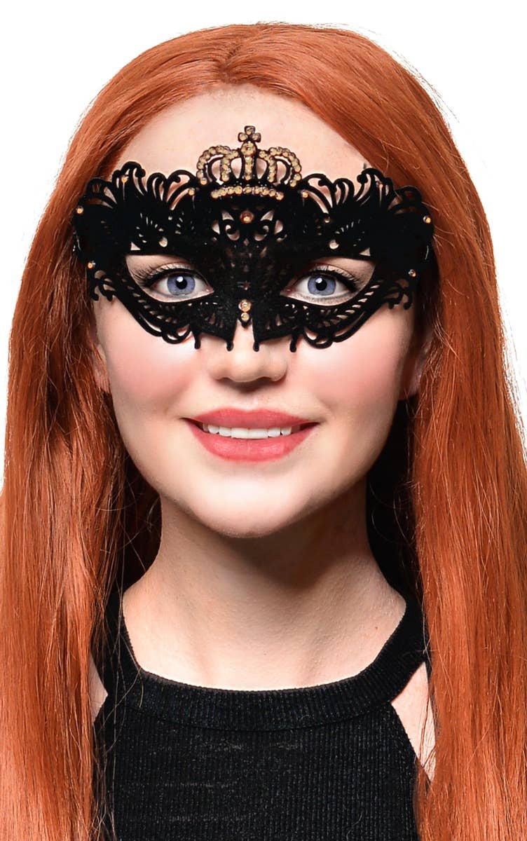 Image of Flocked Finish Black and Gold Crown Masquerade Mask
