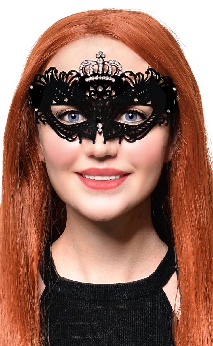 Image of Flocked Finish Black and Silver Crown Masquerade Mask