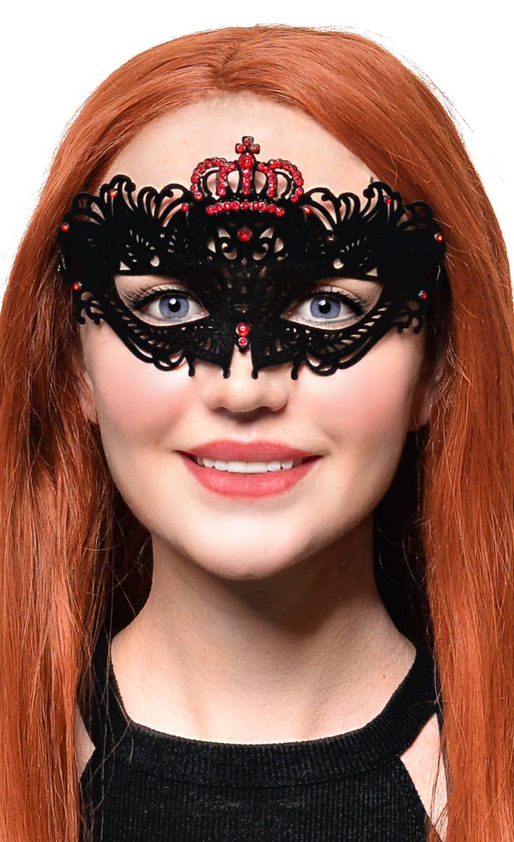 Image of Flocked Finish Black and Red Crown Masquerade Mask