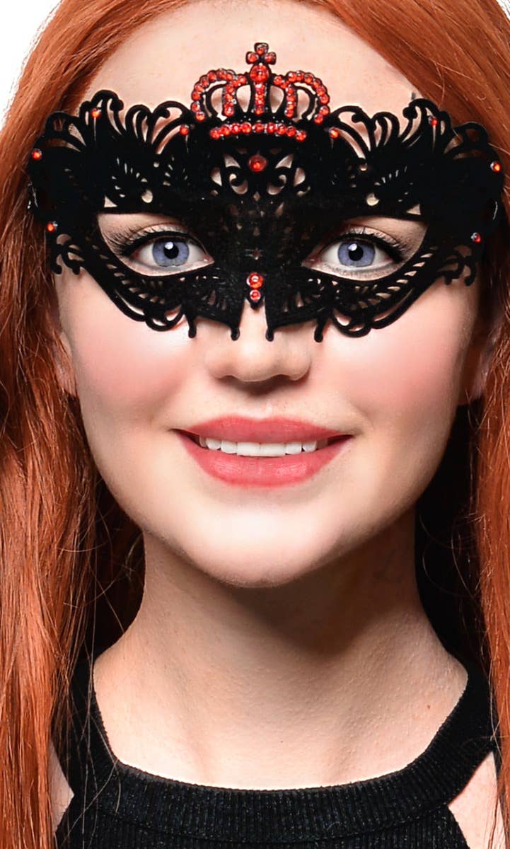 RED Black Flocked Finish Lacy Look Princess Masquerade Mask with Red Diamantes Close Image