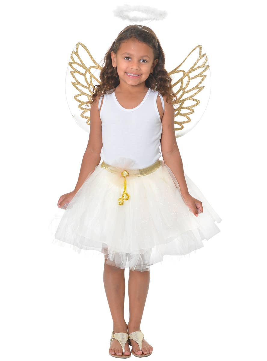 Gold and White Girls Christmas Angel Costume Set with Tutu, Wings and Halo