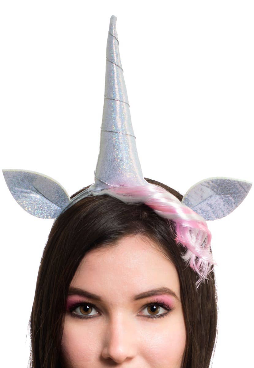  Silver Holographic Unicorn Costume Headband Accessory Set - Close Up Front