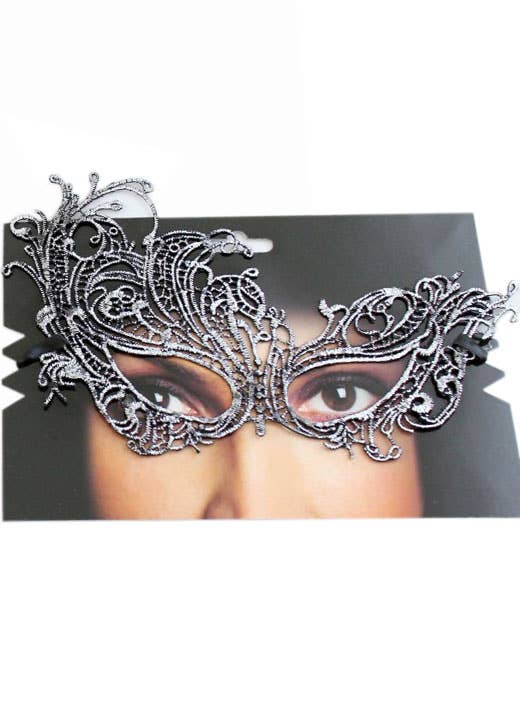 Asymmetrical Women's Lace Over Eye Silver Masquerade Ball Mask - Main Image