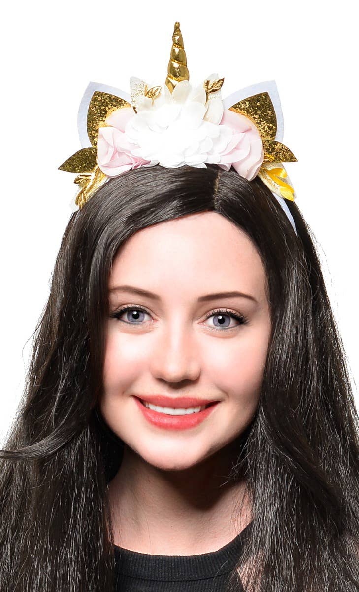 Unicorn White Gold and Pink Floral Glitter Headband Accessory - Main Image