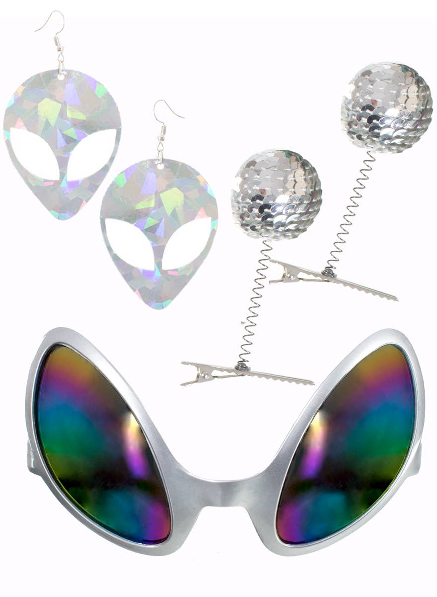 Silver Space Alien Kit with Gloves, Glasses and Jewellery - Close Up  Image 1