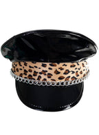 Black Vinyl Festival Hat With Leopard Print and Chain