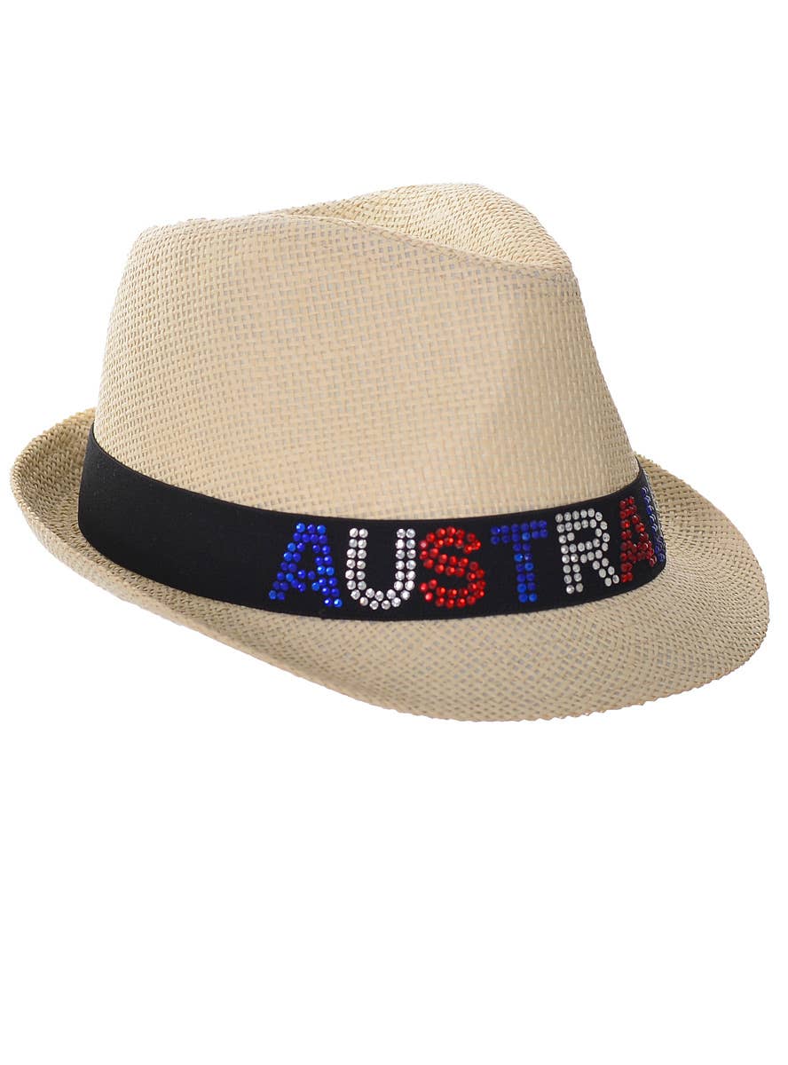 Bling AUSTRALIA in Rhinestones Australia Day Beige Straw Novelty Hat