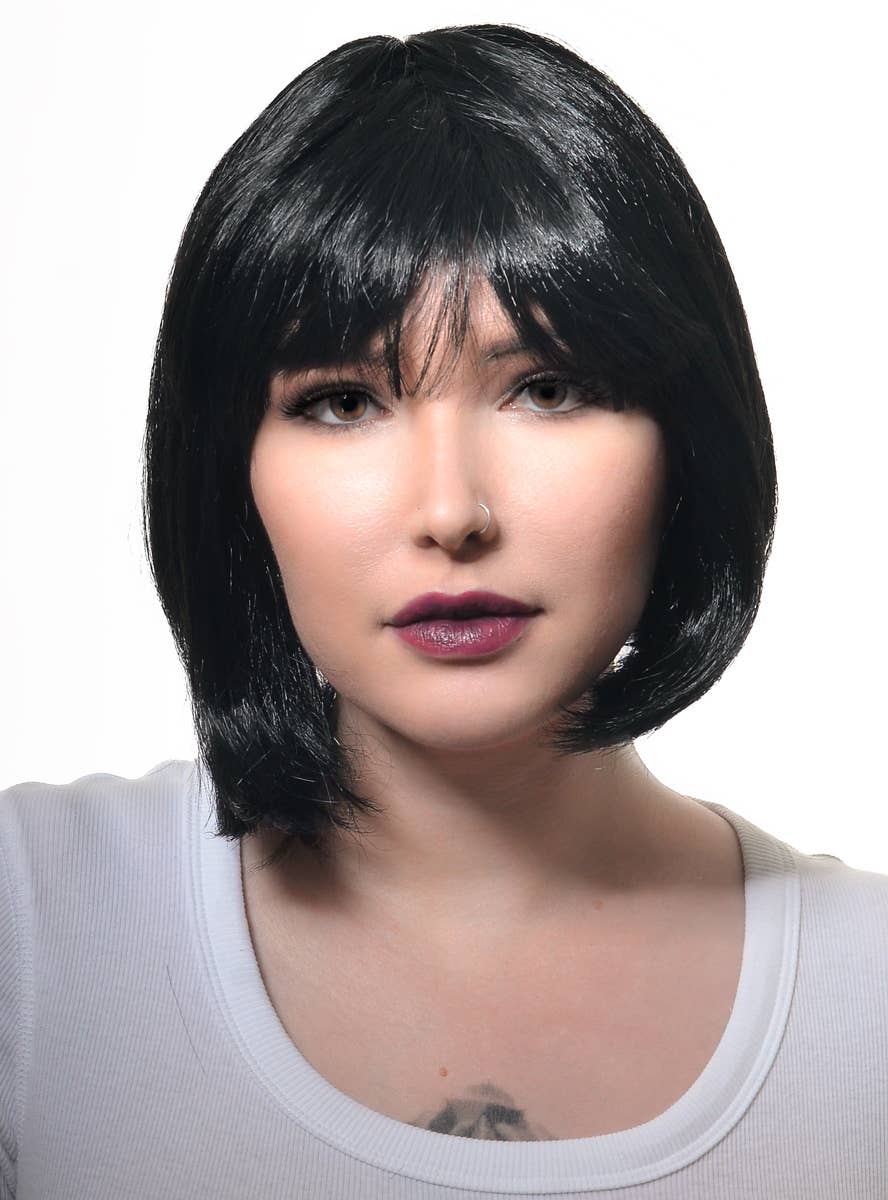 Image of Short Women's Black Bob Costume Wig with Fringe