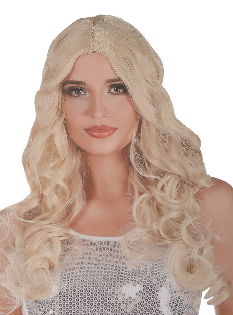 Women's Long Curly Natural Blonde Costume Wig with Centre Part