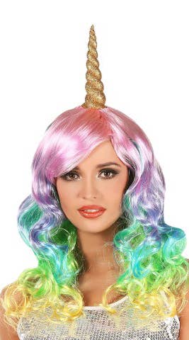 Rainbow curly unicorn gold horn women's wig costume accessory main image