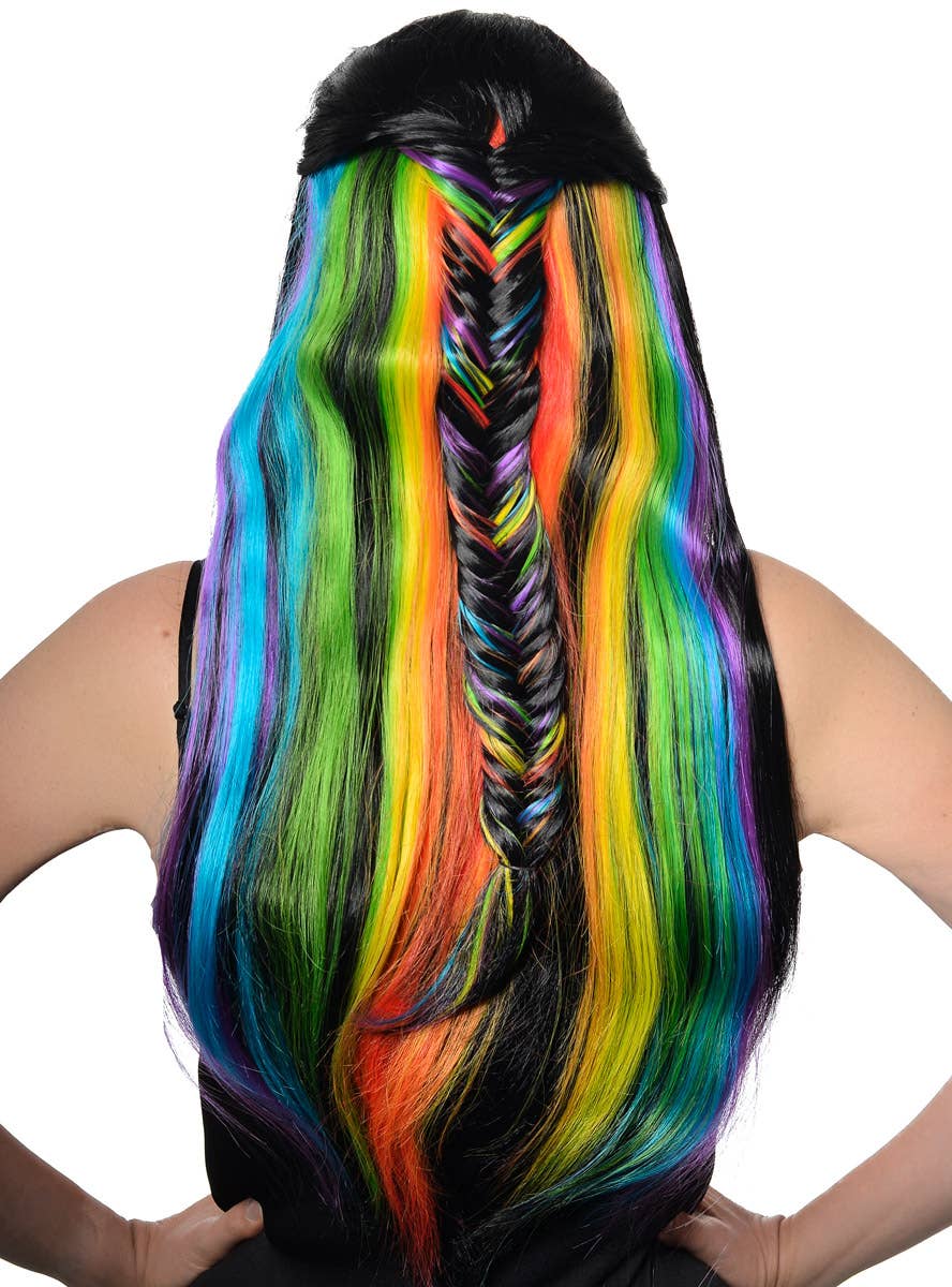 Womens Long Black Costume Wig with Rainbow Streaks and Fishtail Braid - Back Image