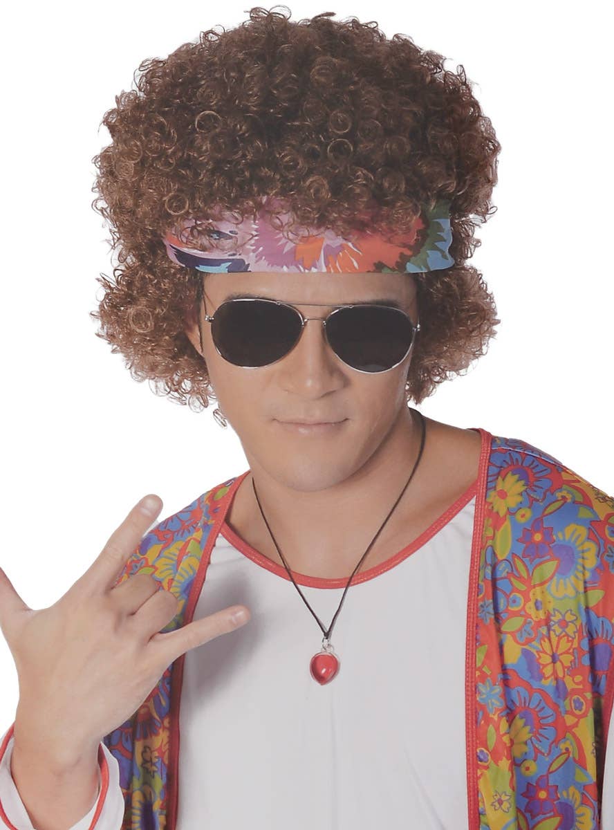 Men's Curly Brown Hippie Afro Wig and Headband Set