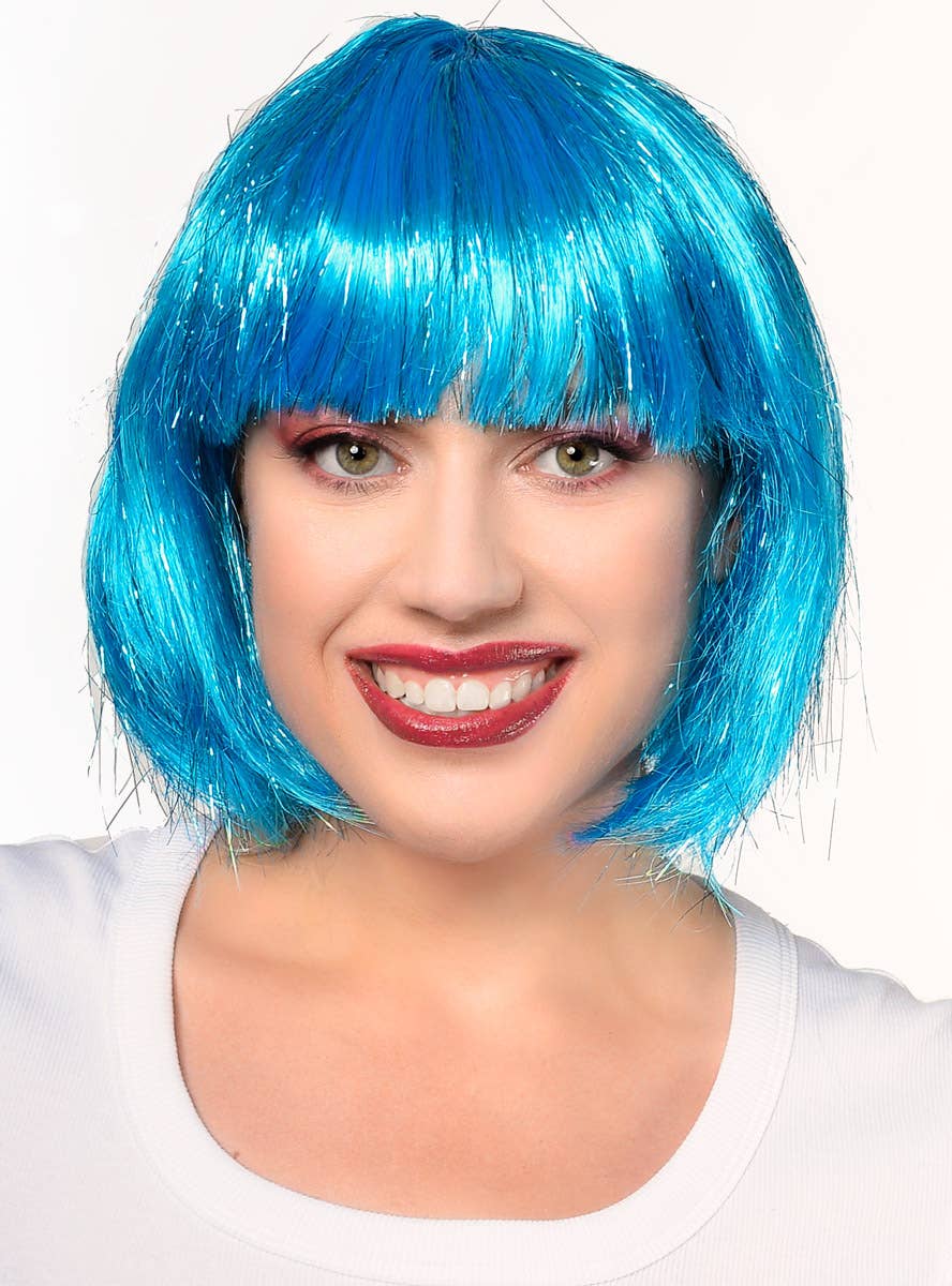 Womens Short Blue Bob Wig with Front Fringe and Tinsel Strands