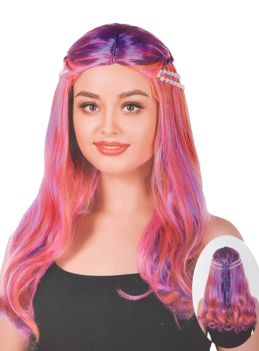 Women's Purple and Orange Braided Mermaid Wig with Pearls