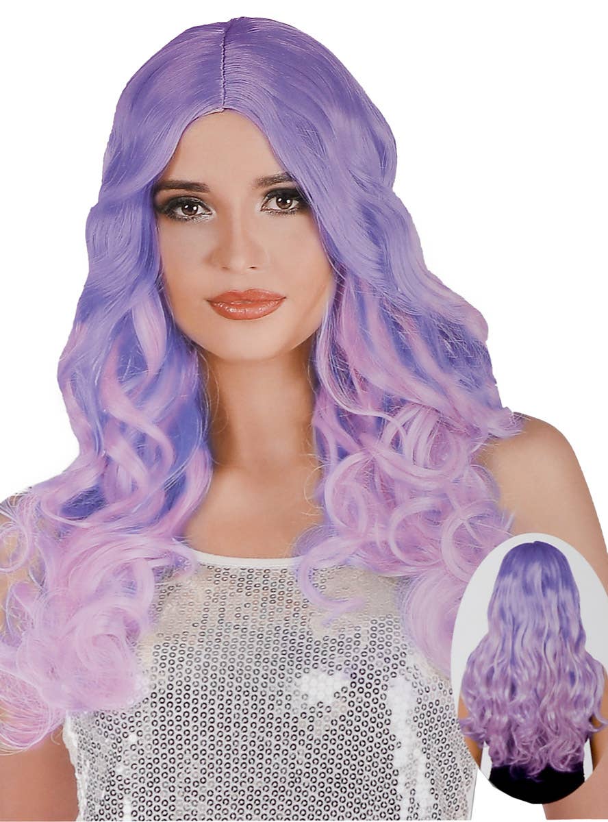 Pink and Purple Ombre Women's Curly Costume Wig with Centre Part
