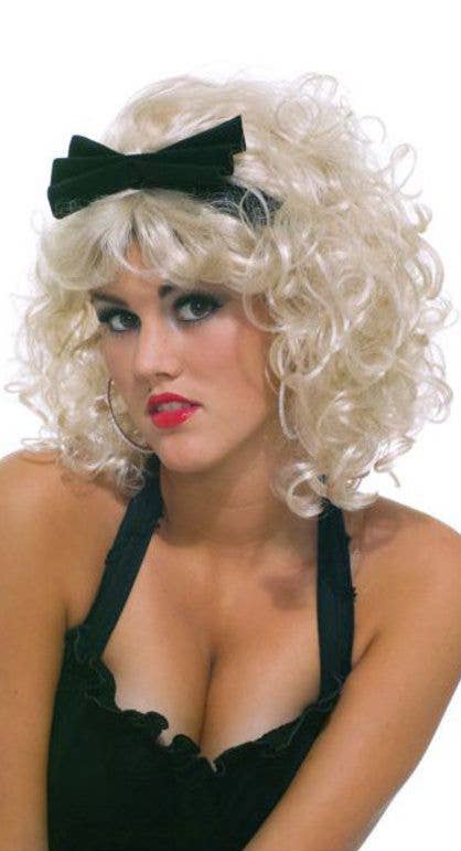 Women's Curly Madonna Inspired 80s Costume Wig with Bow