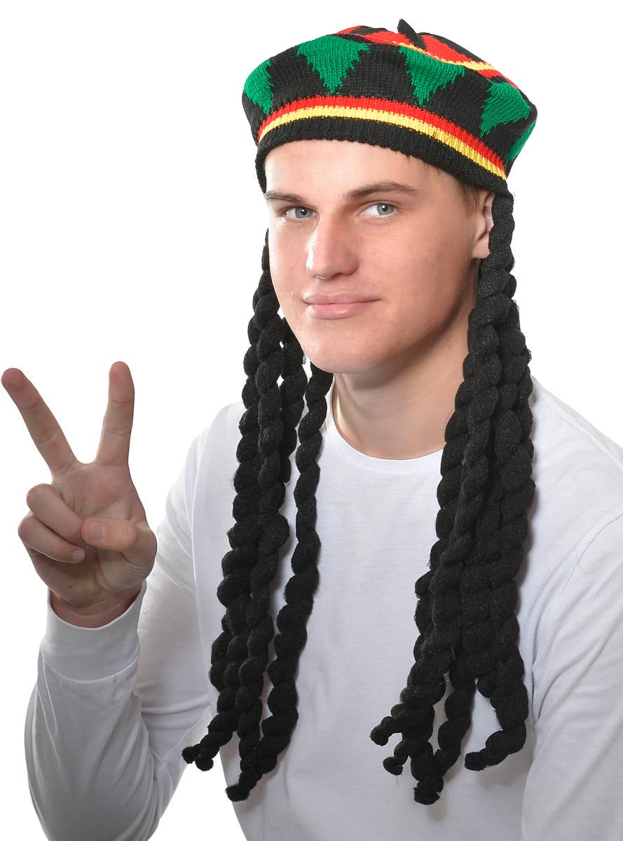 Knitted Rasta Hat With Black Dreadlocks Costume Accessory Main Image