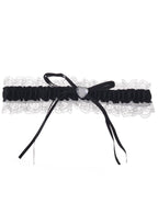 Black Satin Leg Garter with White Lace and White Heart Jewel