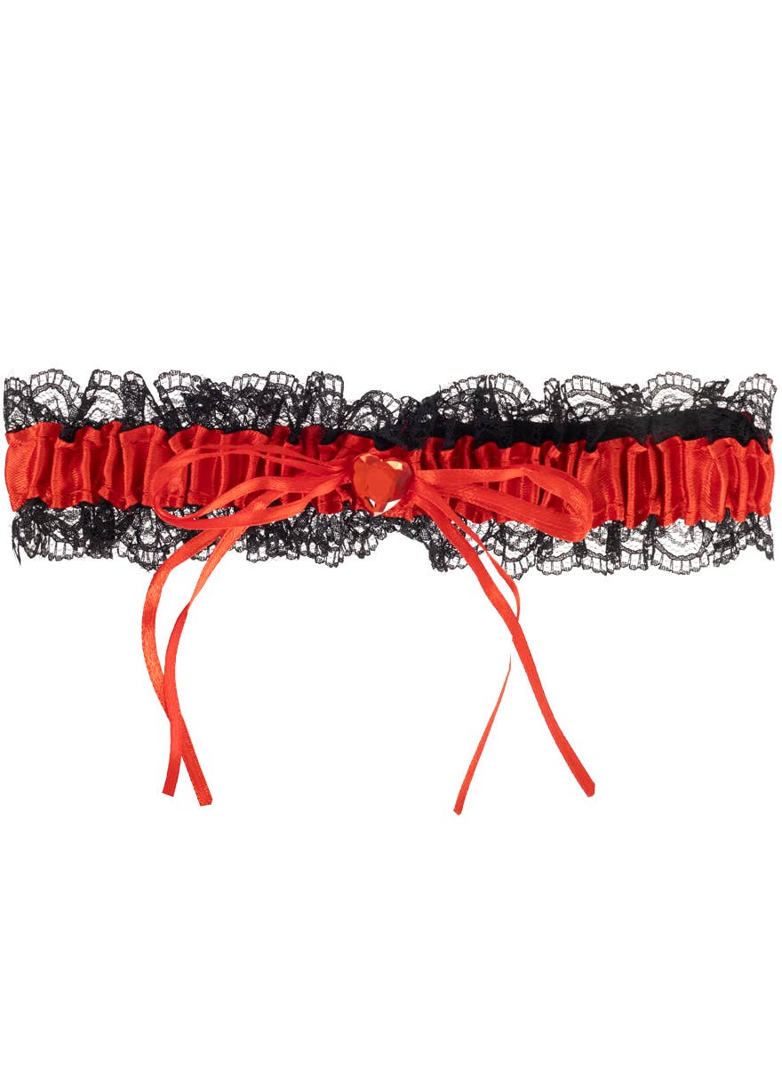 Black and Red Satin Garter with Lace Trim and Red Jewel