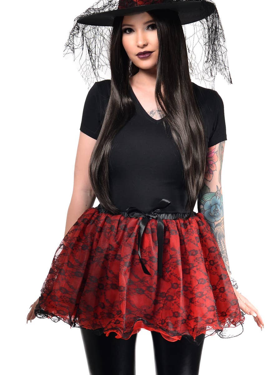 Womens Red and Black Lace Fluffy Costume Tutu - Close Image