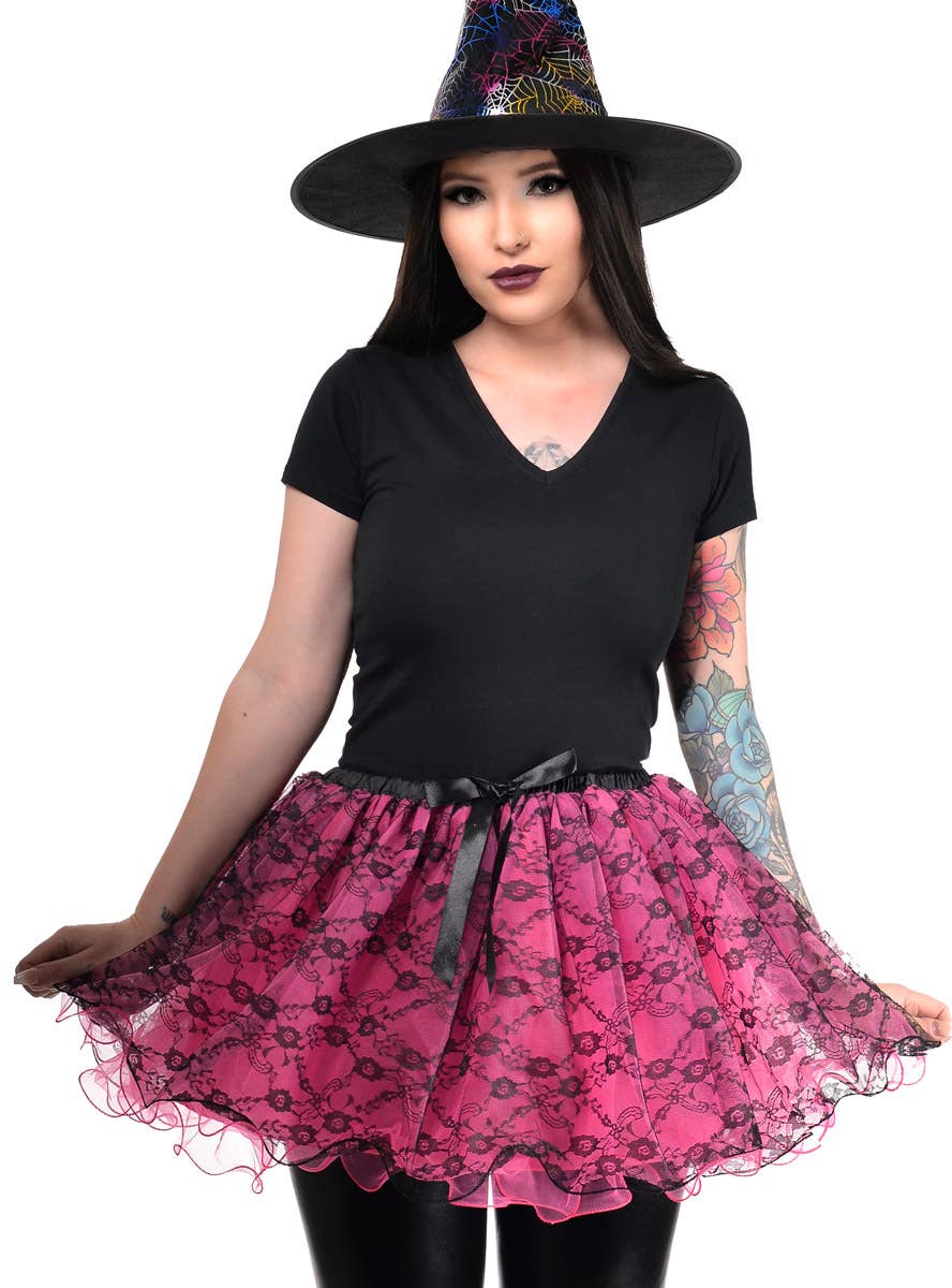 Womens Pink and Black Lace Fluffy Costume Tutu - Close Image