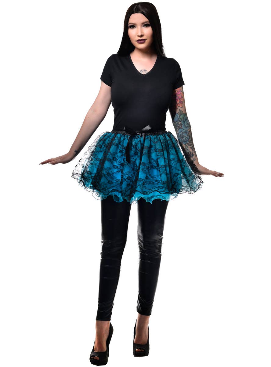 Womens Blue and Black Lace Fluffy Costume Tutu - Full Image