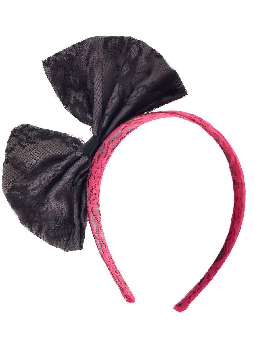 Pink and Black Lace 80s Bow Headband | 1980s Bow Costume Headband