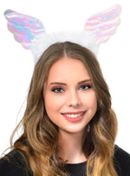 Flying Irredescent Angel Wings on Headband with White Marabou Feather Trim