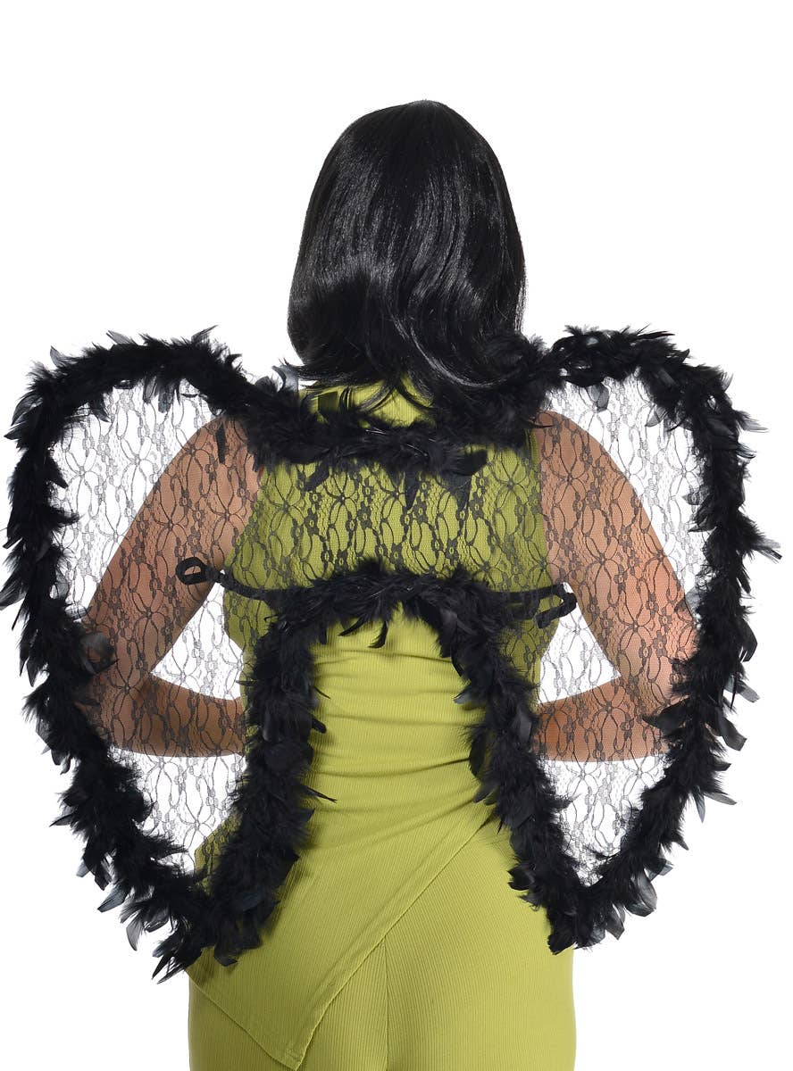 Large Sheer Black Lace Wings with Fluffy Black Feather Trim - Back Image