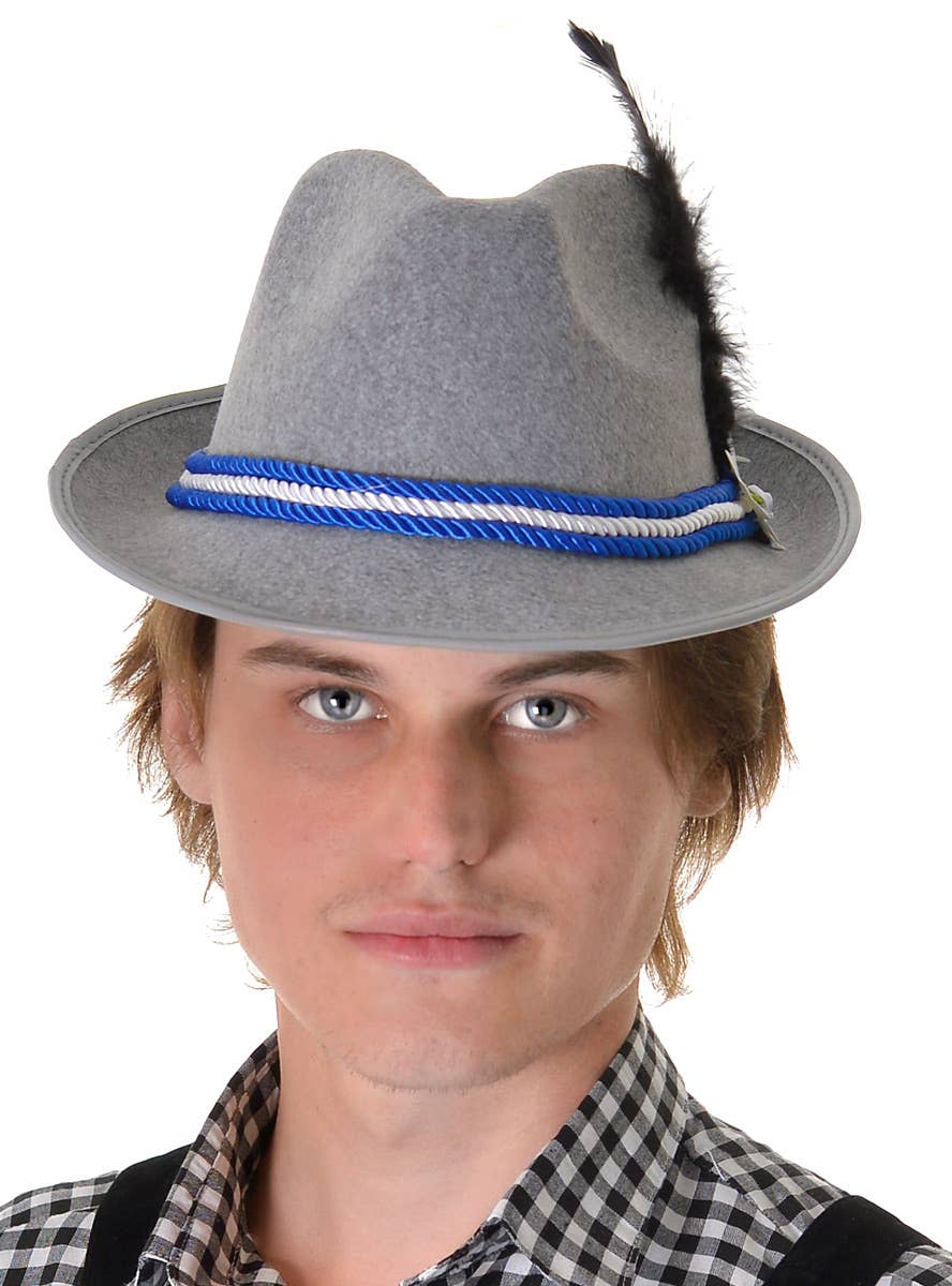 German blue and white Fedora Oktoberfest costume hat. Main Image