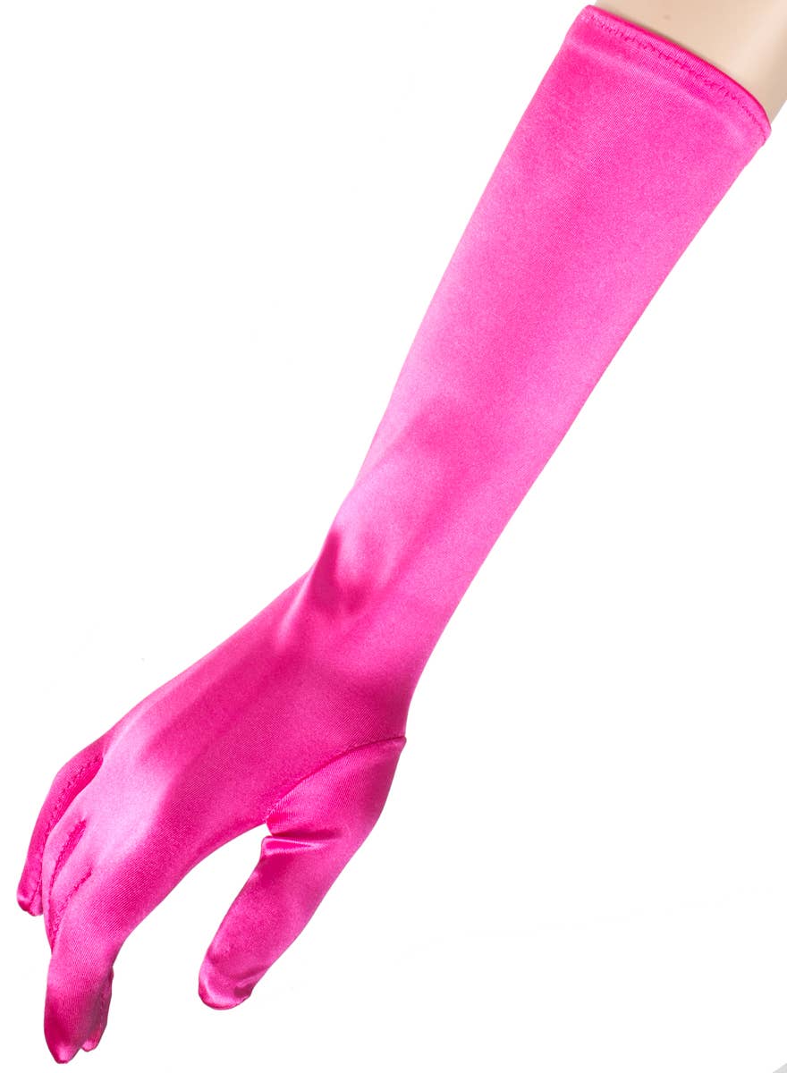 Long Hot Pink Satin Elbow Length Costume Gloves