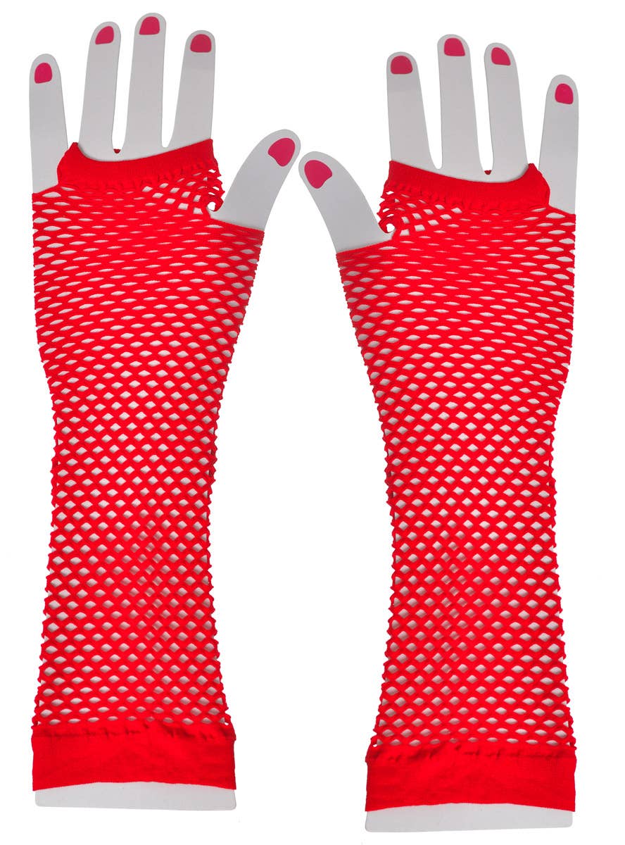 Red Elbow Length Fishnet Gloves