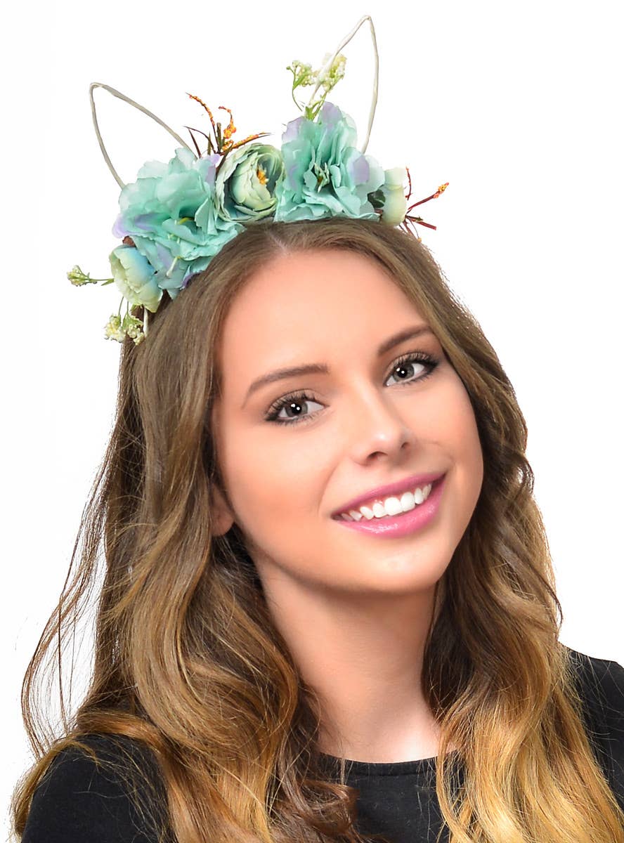 Pastel Watercolour Blue Flowers on Headband with Wrapped Wire Bunny Ears