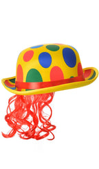 Yellow Rainbow Polka Dot Clown Circus Bowler Hat with Hair Main image