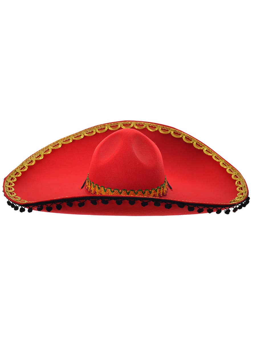 Large Red Mexican Sombrero Hat with Black Pom Poms