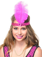 Hot Pink Sequin Gatsby Headband with Large Pink Feather Costume Accessory