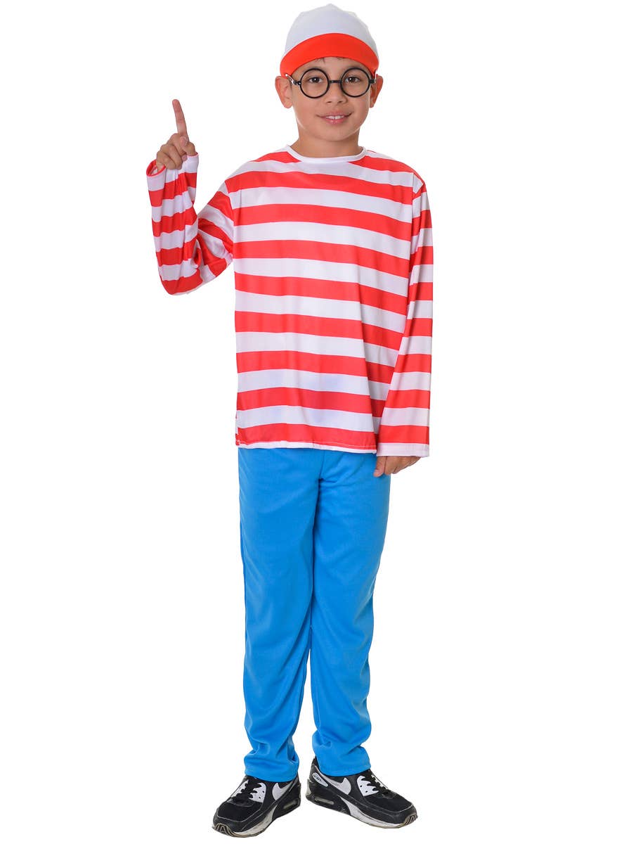 Red and White Stripe Top, Blue Pants, Hat and Glasses, Where's Wado Boy's Costume Dress Up Costume - Front View