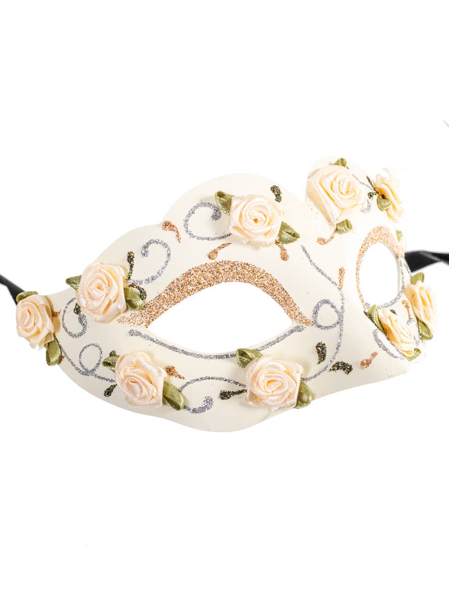 Glittery Floral Cream Masquerade Mask - Side Image