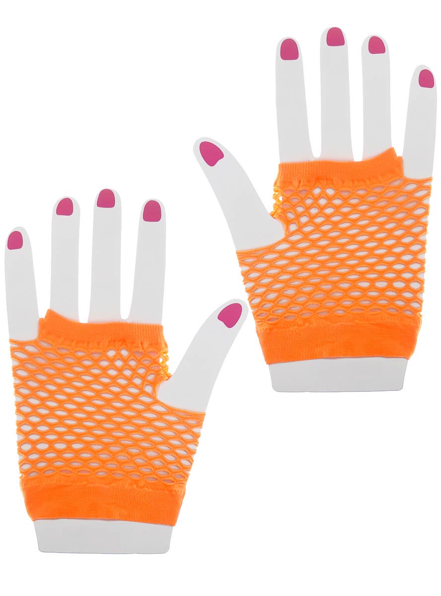 Neon Orange Short Wrist Length Fingerless Fishnet Gloves