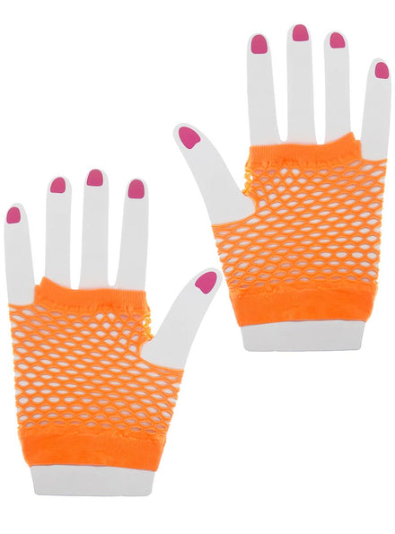 Neon Orange Short Wrist Length Fingerless Fishnet Gloves