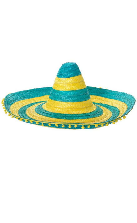 Australia Day Large Adult's Green And Yellow Striped Mexican Sombrero Costume Aussie Hat With Pom Pom Trim - Main Image 