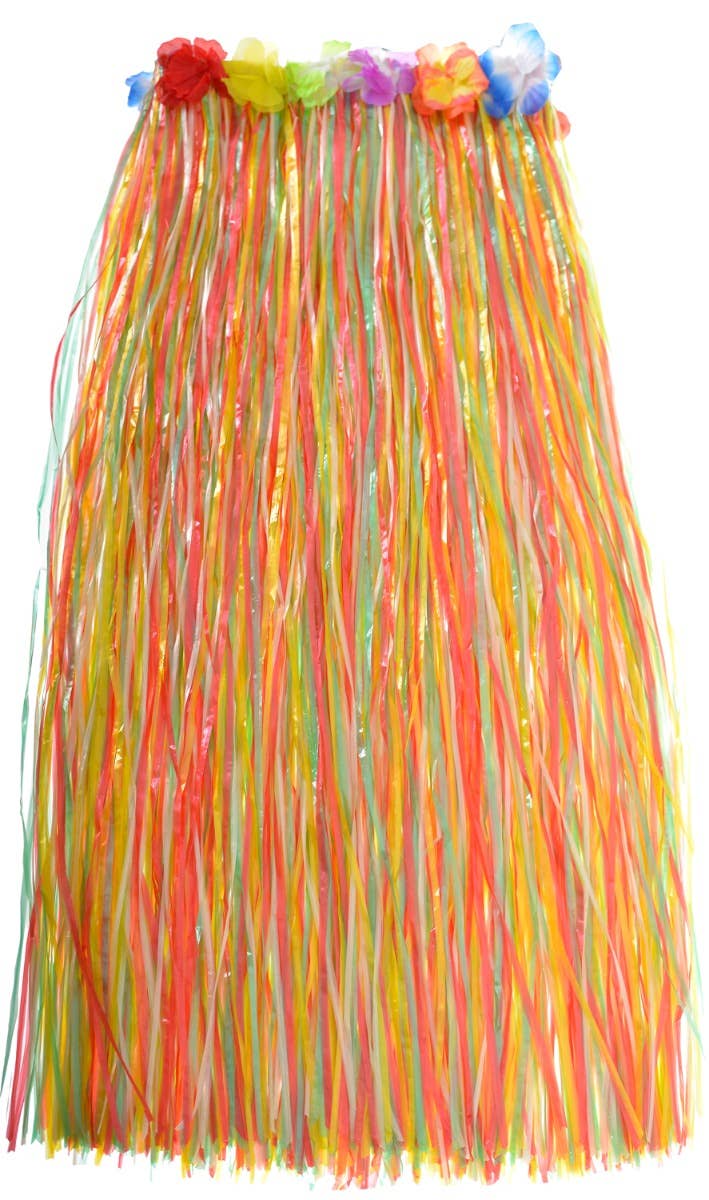 Long Coloured Hawaiian Grass Skirt Costume Accessory With Flower Waistband Main Image